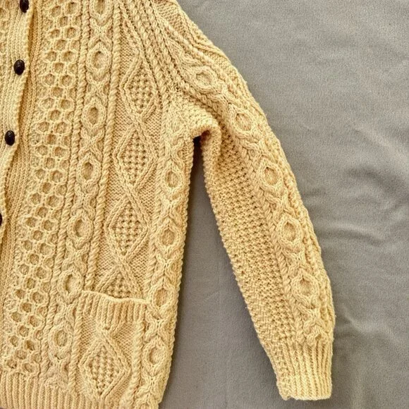 Vintage Irish Wool Sweater Hand Knit Cardigan Collar Ivory Chunky Fisherman READ - Picture 15 of 16